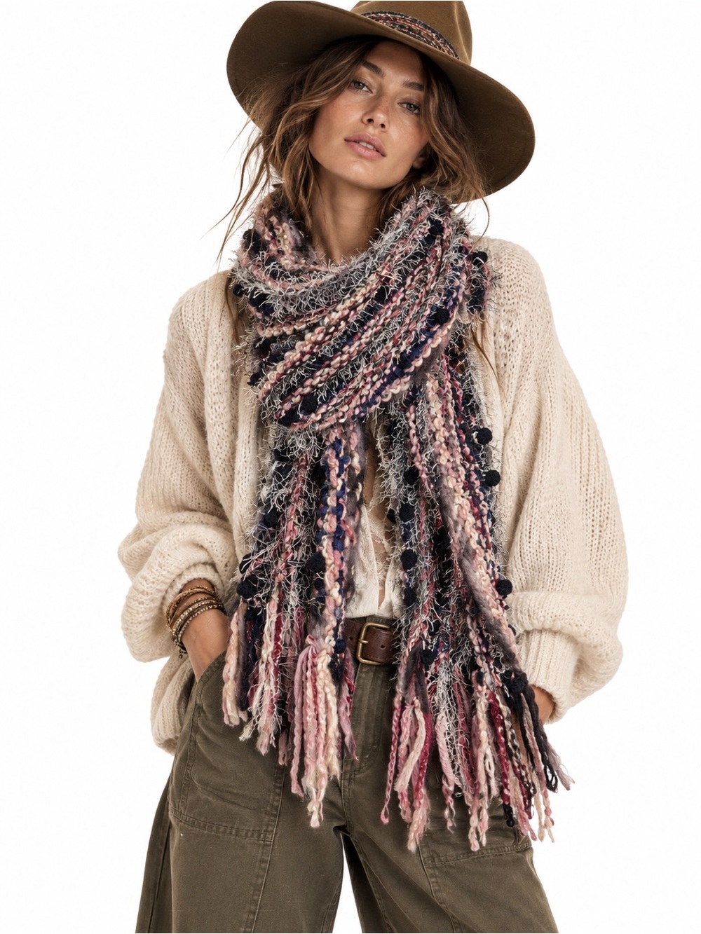 Hand Knit Boho Fuzzy Eyelash Knit Fringe Multicolored Scarf Art Yarn Vintage Y2K
